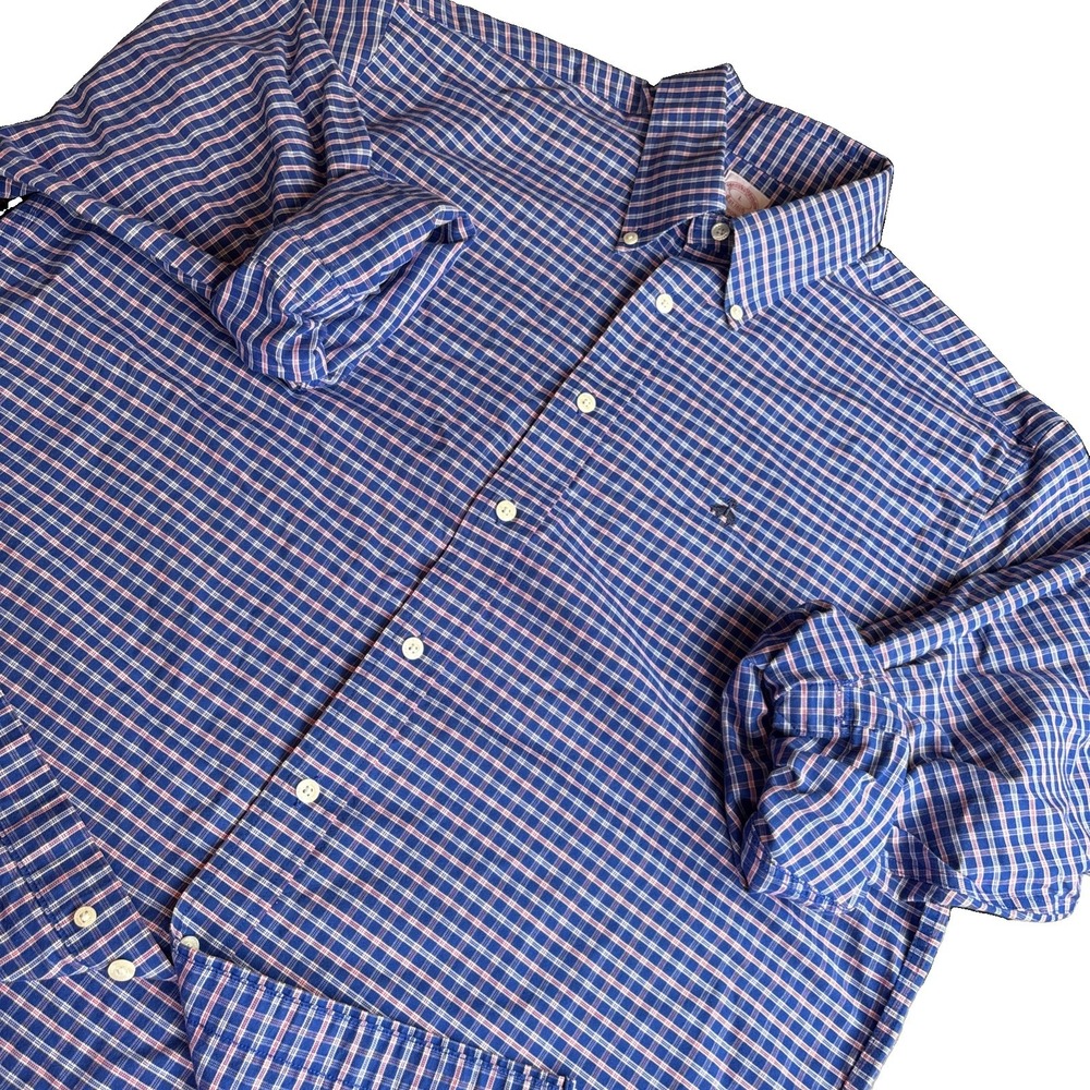Brooks Brothers Madison Fit Non Iron Twill Blue Plaid Stretch Men's LARGE-runs L